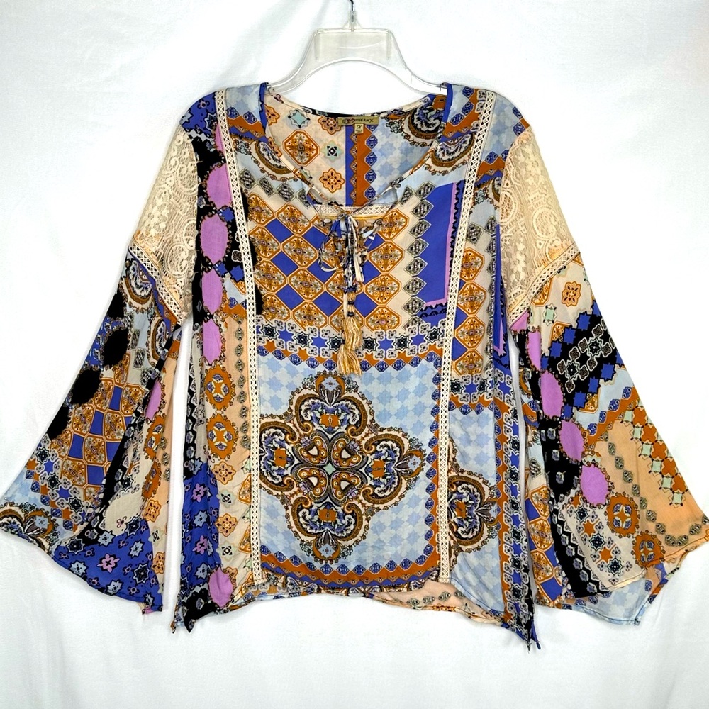 Democracy Patchwork Bohemian Blouse Peasant V-neck Flare Sleeves Lace Tassel SzM